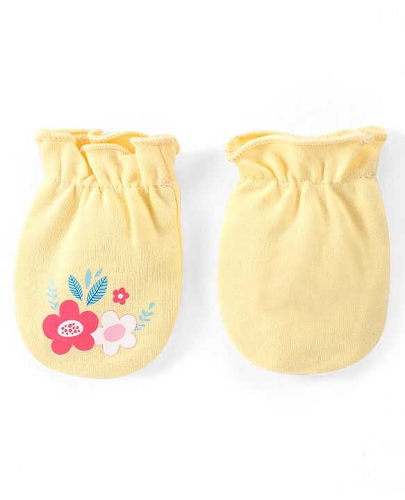 Babyhug 100% Cotton Interlock Knit Mittens with Floral Print Pack of 3 - Pink Yellow & Navy