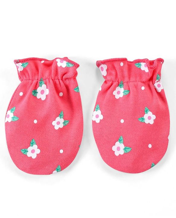 Babyhug 100% Cotton Interlock Knit Mittens with Floral Print Pack of 3 - Pink Yellow & Navy