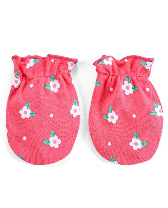 Babyhug 100% Cotton Interlock Knit Mittens with Floral Print Pack of 3 - Pink Yellow & Navy