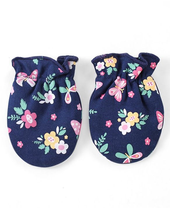 Babyhug 100% Cotton Interlock Knit Mittens with Floral Print Pack of 3 - Pink Yellow & Navy
