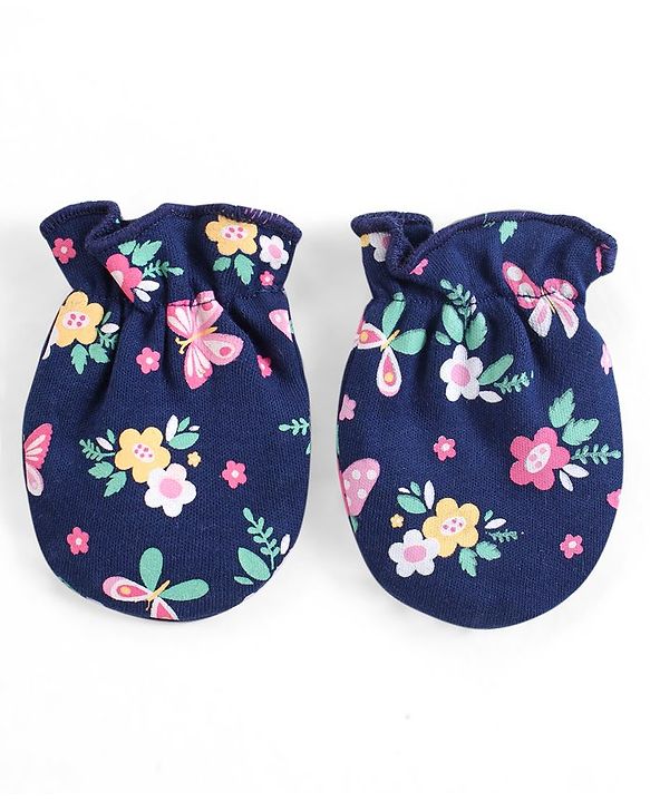 Babyhug 100% Cotton Interlock Knit Mittens with Floral Print Pack of 3 - Pink Yellow & Navy