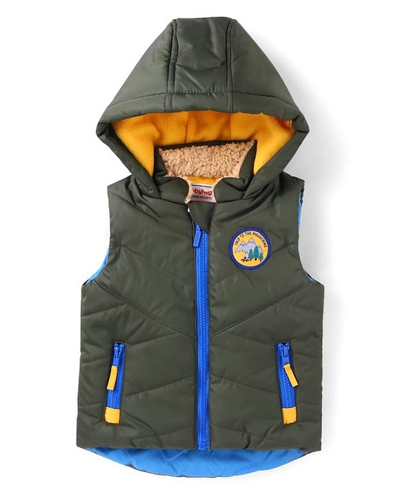 Babyhug  Woven Sleeveless Hooded Padded Winter Jacket with Patch & Pockets - Dark Green