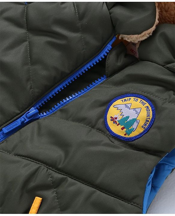 Babyhug  Woven Sleeveless Hooded Padded Winter Jacket with Patch & Pockets - Dark Green