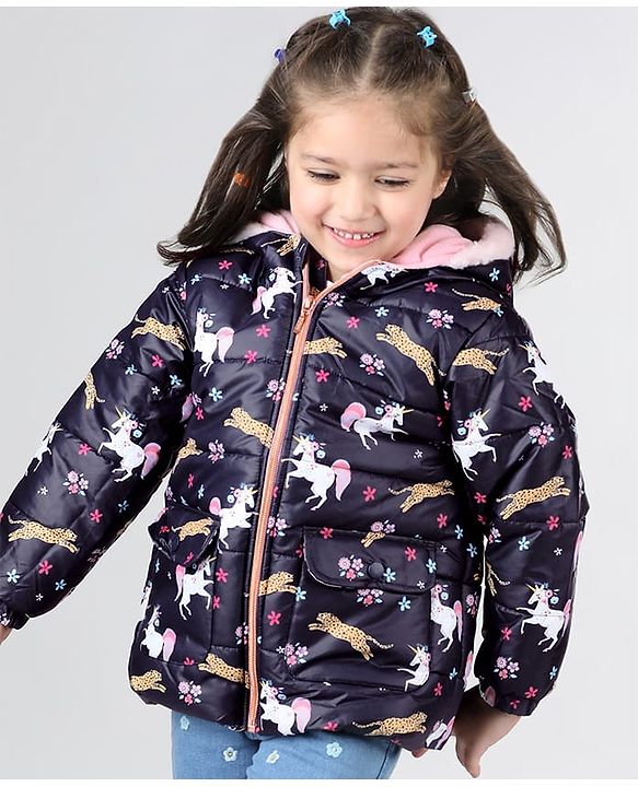Babyhug Woven Full Sleeves Hooded Jacket with Unicorn Print - Blue