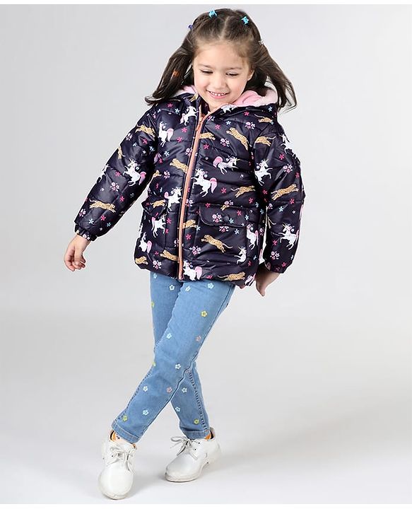 Babyhug Woven Full Sleeves Hooded Jacket with Unicorn Print - Blue