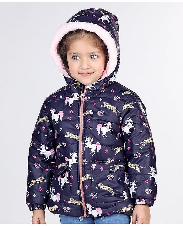 Babyhug Woven Full Sleeves Hooded Jacket with Unicorn Print - Blue