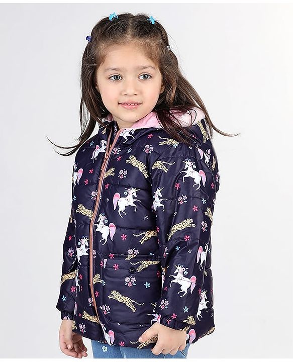 Babyhug Woven Full Sleeves Hooded Jacket with Unicorn Print - Blue