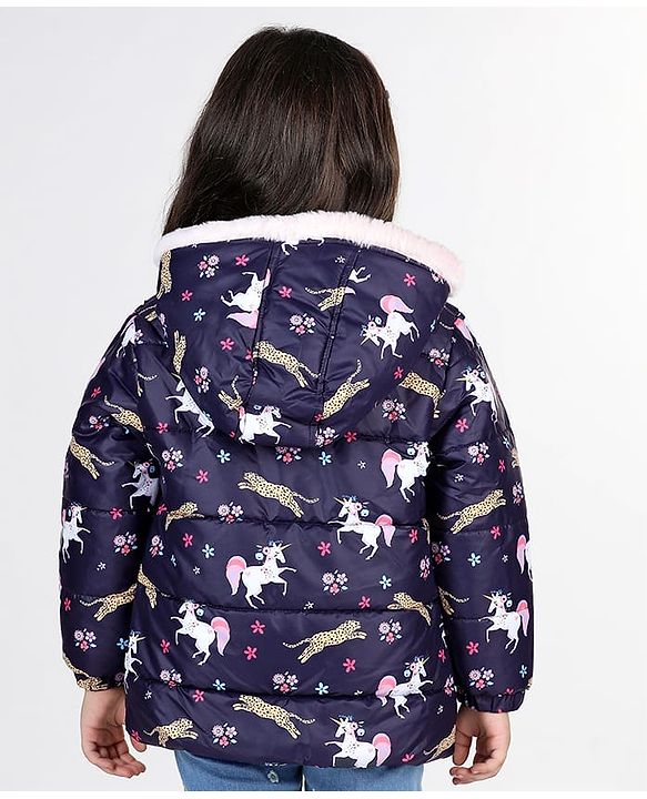 Babyhug Woven Full Sleeves Hooded Jacket with Unicorn Print - Blue