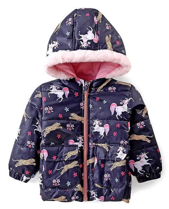 Babyhug Woven Full Sleeves Hooded Jacket with Unicorn Print - Blue