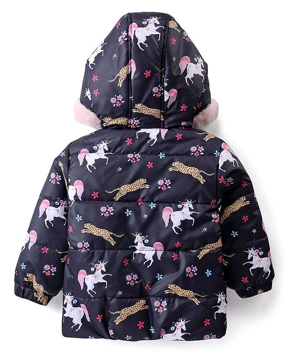 Babyhug Woven Full Sleeves Hooded Jacket with Unicorn Print - Blue