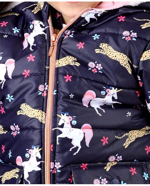 Babyhug Woven Full Sleeves Hooded Jacket with Unicorn Print - Blue