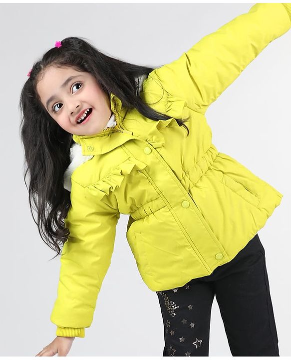 Babyhug Full Sleeves Padded Hoodie with Frill Detailing & Kangaroo Pockets - Lime