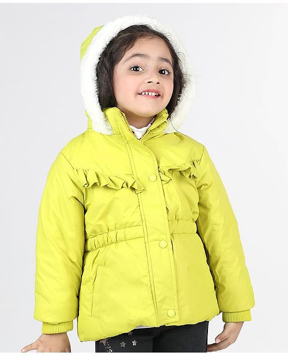 Babyhug Full Sleeves Padded Hoodie with Frill Detailing & Kangaroo Pockets - Lime