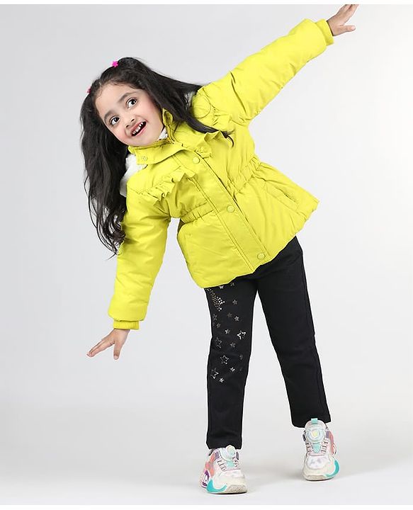 Babyhug Full Sleeves Padded Hoodie with Frill Detailing & Kangaroo Pockets - Lime