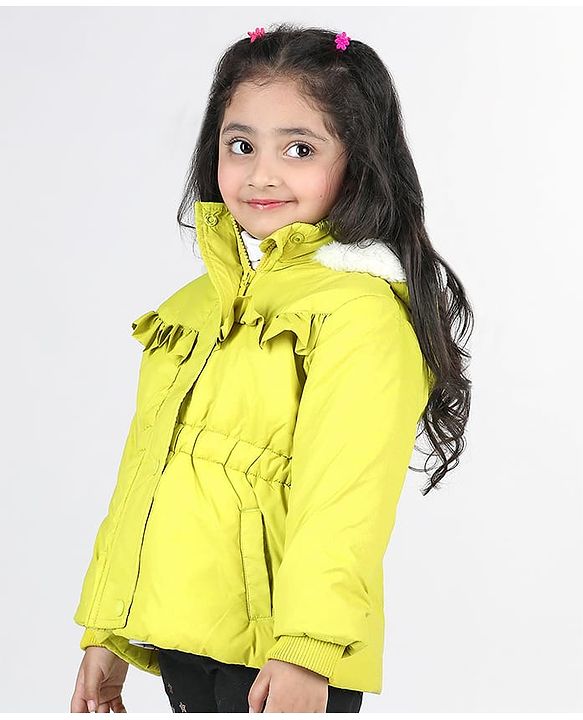 Babyhug Full Sleeves Padded Hoodie with Frill Detailing & Kangaroo Pockets - Lime