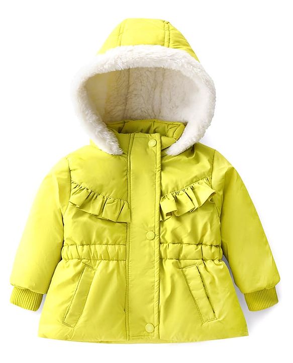 Babyhug Full Sleeves Padded Hoodie with Frill Detailing & Kangaroo Pockets - Lime