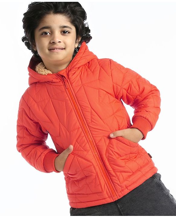 Babyhug Full Sleeves Padded Winter Jacket with Hood Star Design - Orange