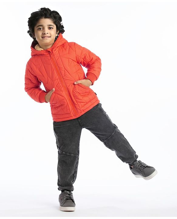 Babyhug Full Sleeves Padded Winter Jacket with Hood Star Design - Orange