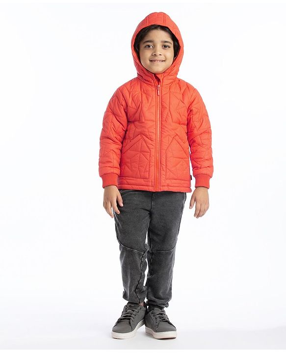 Babyhug Full Sleeves Padded Winter Jacket with Hood Star Design - Orange