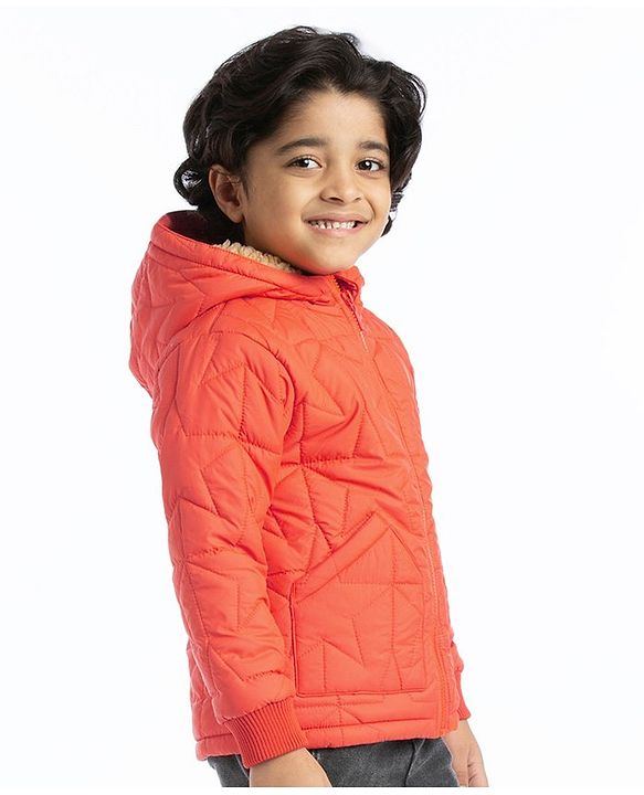 Babyhug Full Sleeves Padded Winter Jacket with Hood Star Design - Orange