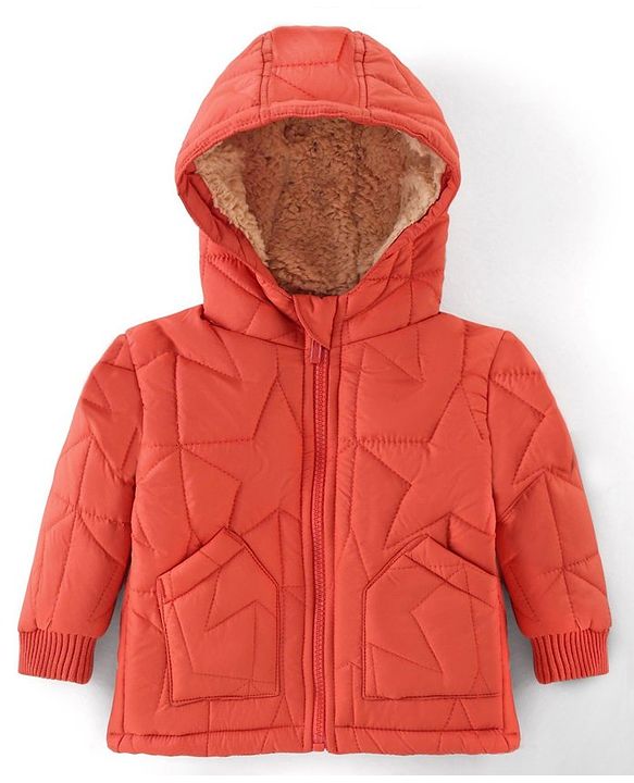 Babyhug Full Sleeves Padded Winter Jacket with Hood Star Design - Orange