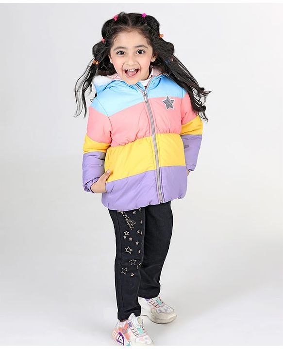 Babyhug Full Sleeves Padded Hooded Jacket with Colour Block & Star Patch Work Detailing - Multicolour