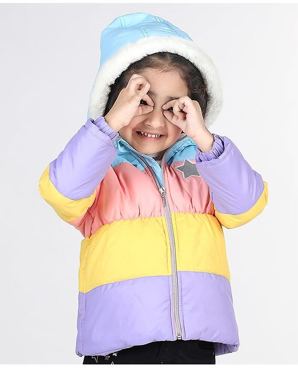 Babyhug Full Sleeves Padded Hooded Jacket with Colour Block & Star Patch Work Detailing - Multicolour
