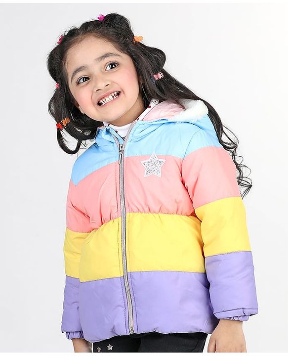 Babyhug Full Sleeves Padded Hooded Jacket with Colour Block & Star Patch Work Detailing - Multicolour