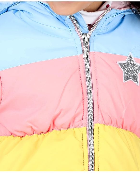 Babyhug Full Sleeves Padded Hooded Jacket with Colour Block & Star Patch Work Detailing - Multicolour