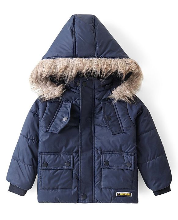 Babyhug Full Sleeves Padded Quilted Jacket with Detachable Hood Solid Colour - Navy Blue