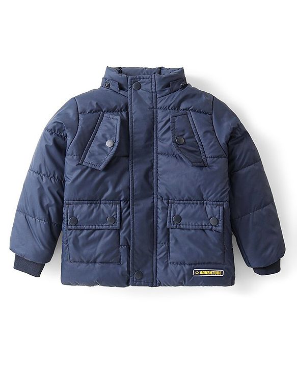 Babyhug Full Sleeves Padded Quilted Jacket with Detachable Hood Solid Colour - Navy Blue