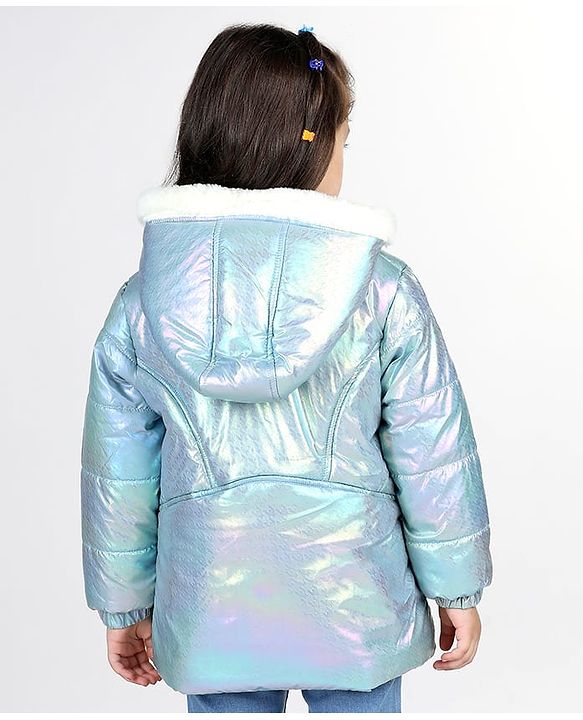 Babyhug Full Sleeve Hooded Puffer Jacket with Holographic Effect - Silver