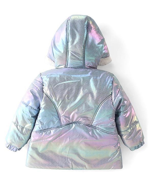 Babyhug Full Sleeve Hooded Puffer Jacket with Holographic Effect - Silver
