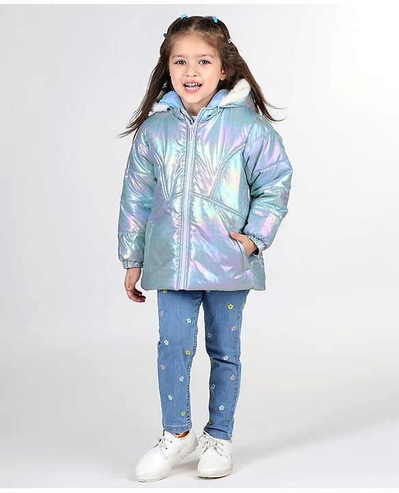 Babyhug Full Sleeve Hooded Puffer Jacket with Holographic Effect - Silver