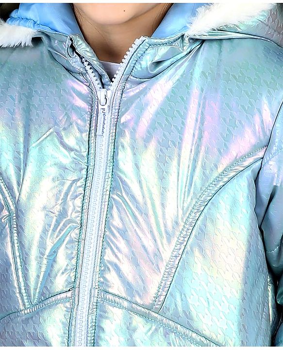 Babyhug Full Sleeve Hooded Puffer Jacket with Holographic Effect - Silver