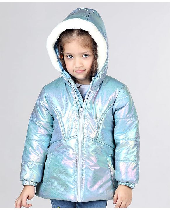 Babyhug Full Sleeve Hooded Puffer Jacket with Holographic Effect - Silver