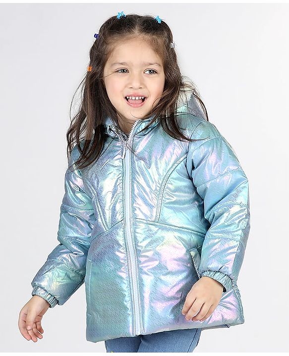 Babyhug Full Sleeve Hooded Puffer Jacket with Holographic Effect - Silver