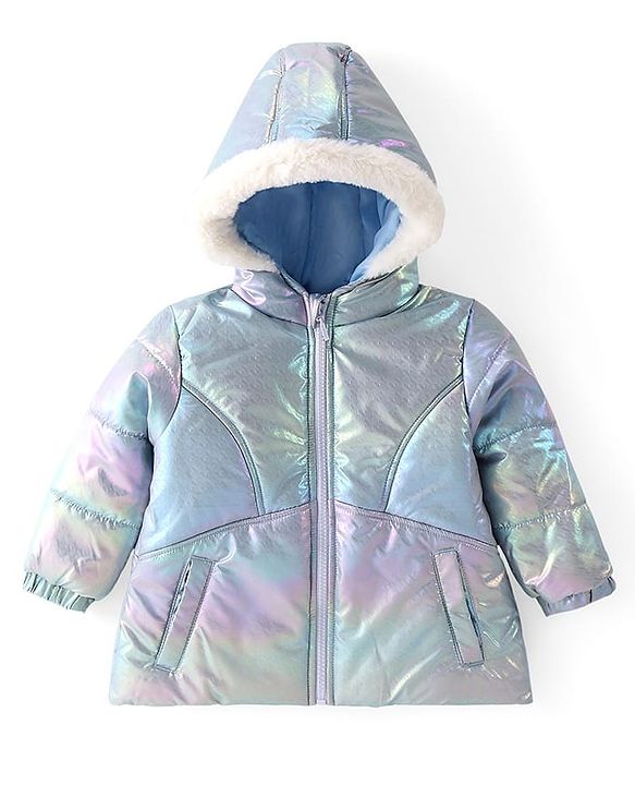 Babyhug Full Sleeve Hooded Puffer Jacket with Holographic Effect - Silver