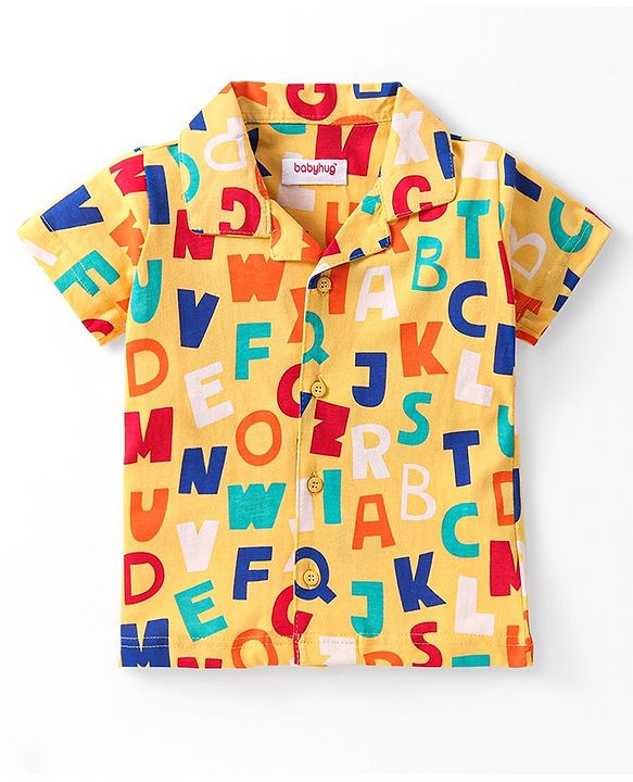 Babyhug Cotton Knit Half Sleeves Short Night Suit With Alphabets Print - Yellow