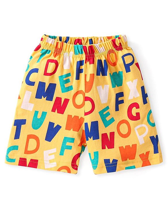 Babyhug Cotton Knit Half Sleeves Short Night Suit With Alphabets Print - Yellow