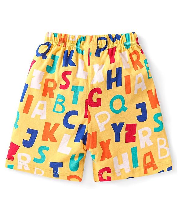 Babyhug Cotton Knit Half Sleeves Short Night Suit With Alphabets Print - Yellow
