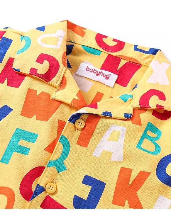 Babyhug Cotton Knit Half Sleeves Short Night Suit With Alphabets Print - Yellow