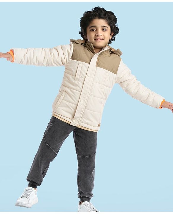 Babyhug Woven Full Sleeves Solid Color Padded Jacket With Removable Hoodie - Cream