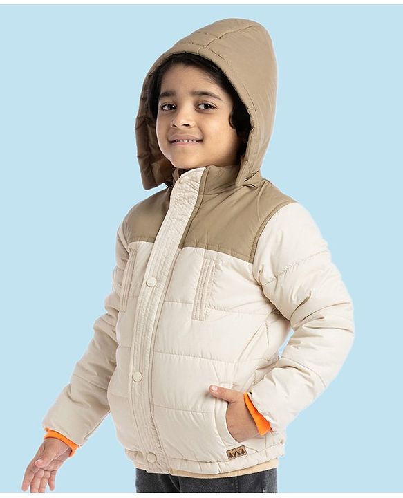 Babyhug Woven Full Sleeves Solid Color Padded Jacket With Removable Hoodie - Cream