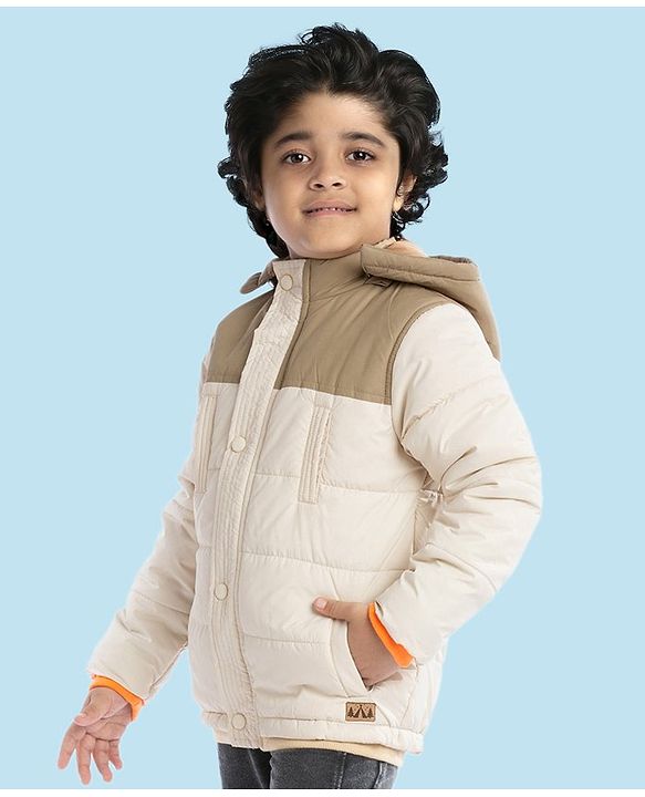 Babyhug Woven Full Sleeves Solid Color Padded Jacket With Removable Hoodie - Cream