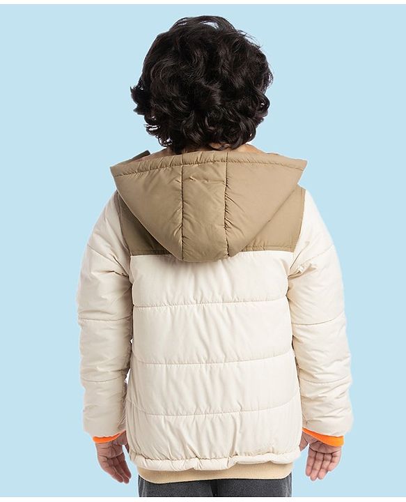Babyhug Woven Full Sleeves Solid Color Padded Jacket With Removable Hoodie - Cream