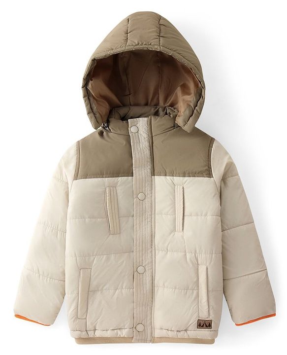 Babyhug Woven Full Sleeves Solid Color Padded Jacket With Removable Hoodie - Cream