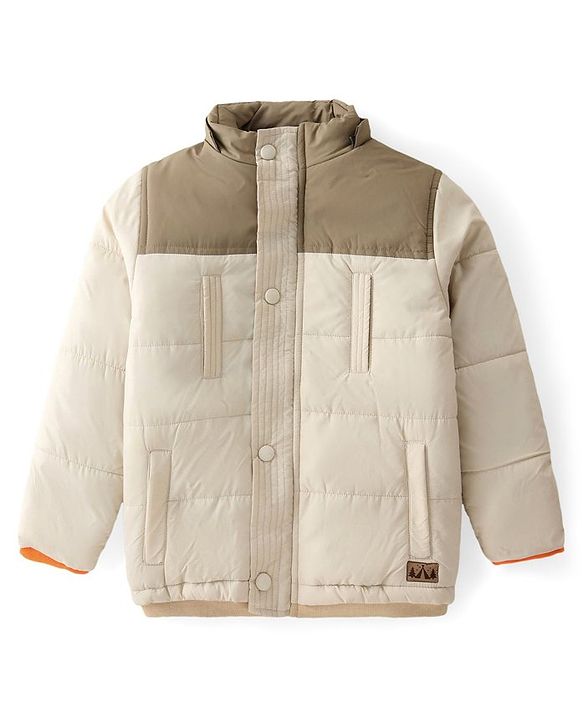Babyhug Woven Full Sleeves Solid Color Padded Jacket With Removable Hoodie - Cream