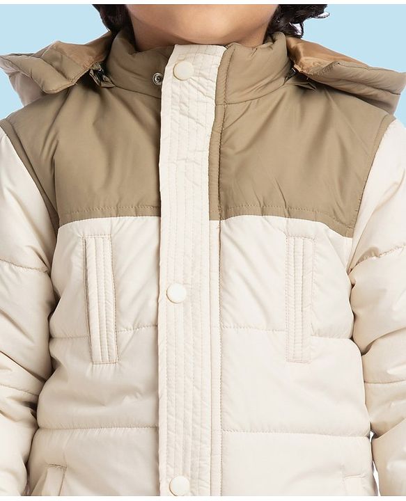 Babyhug Woven Full Sleeves Solid Color Padded Jacket With Removable Hoodie - Cream