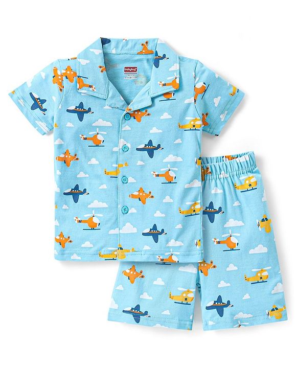 Babyhug Cotton Half Sleeves Night Suit With Airplanes Print - Blue
